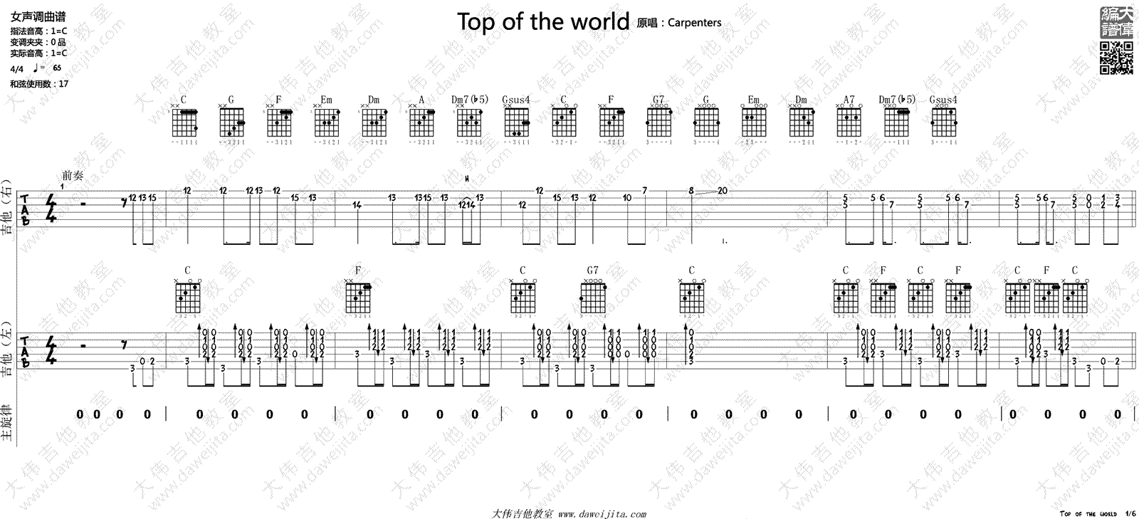 TopOfTheWorld吉他谱-六线谱原版-C调世界之巅吉他演示视频