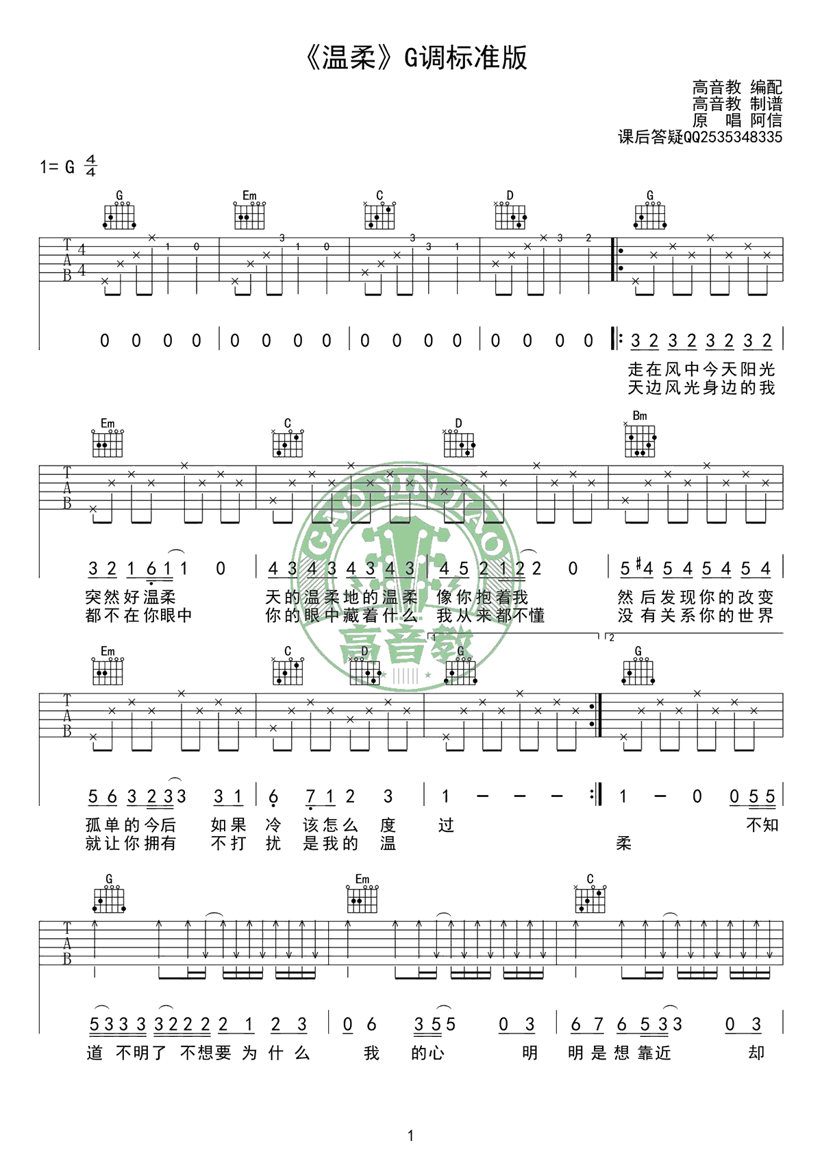 五月天温柔吉他谱-六线谱原版-G调标准版高清弹唱图片谱