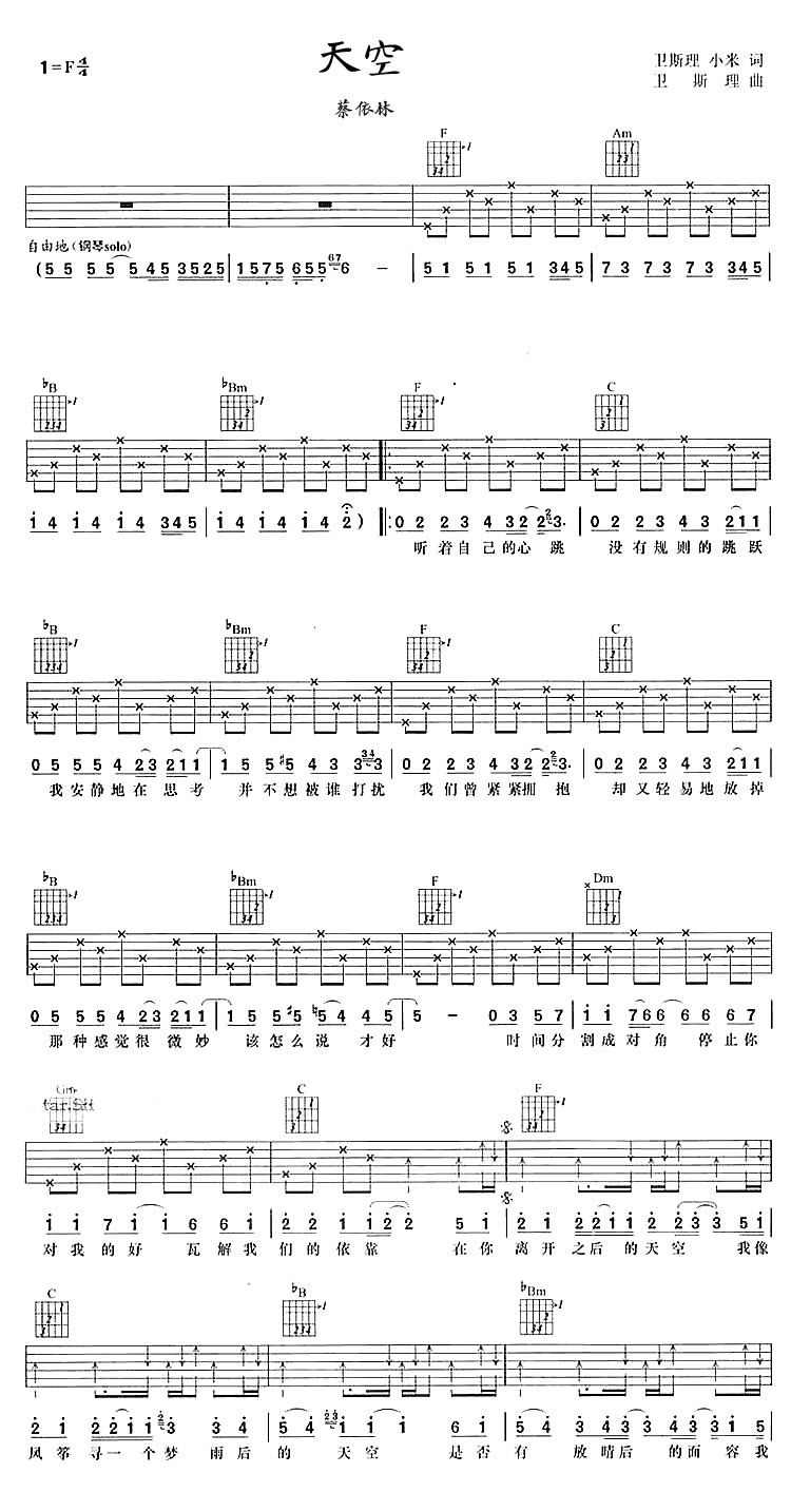 蔡依林天空吉他谱-六线谱F调和弦六线谱原版