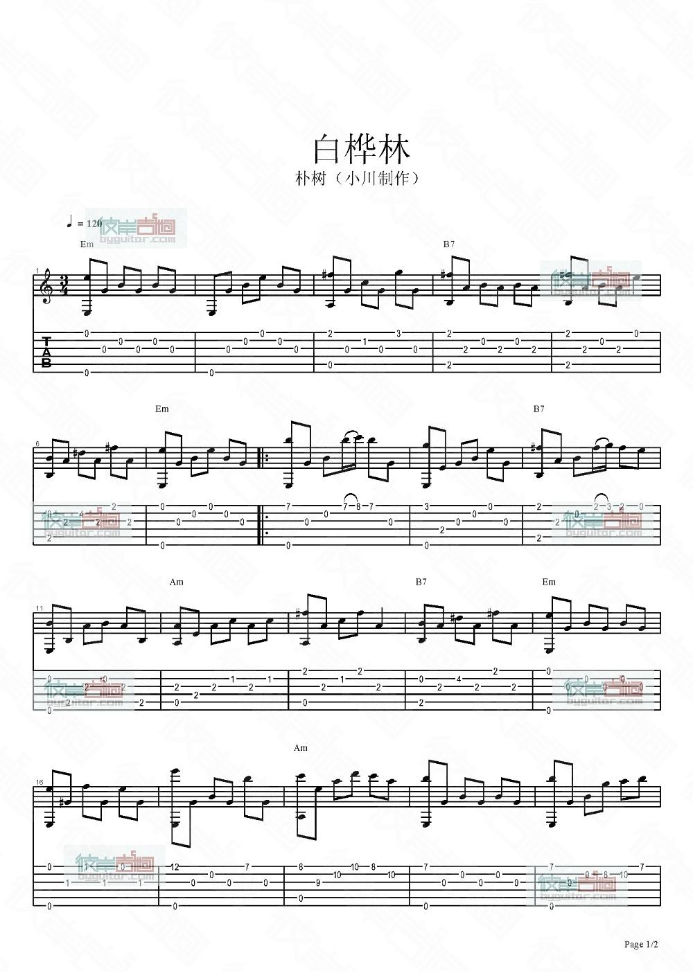 白桦林吉他谱-朴树六线谱原版-指弹高清简单图片谱