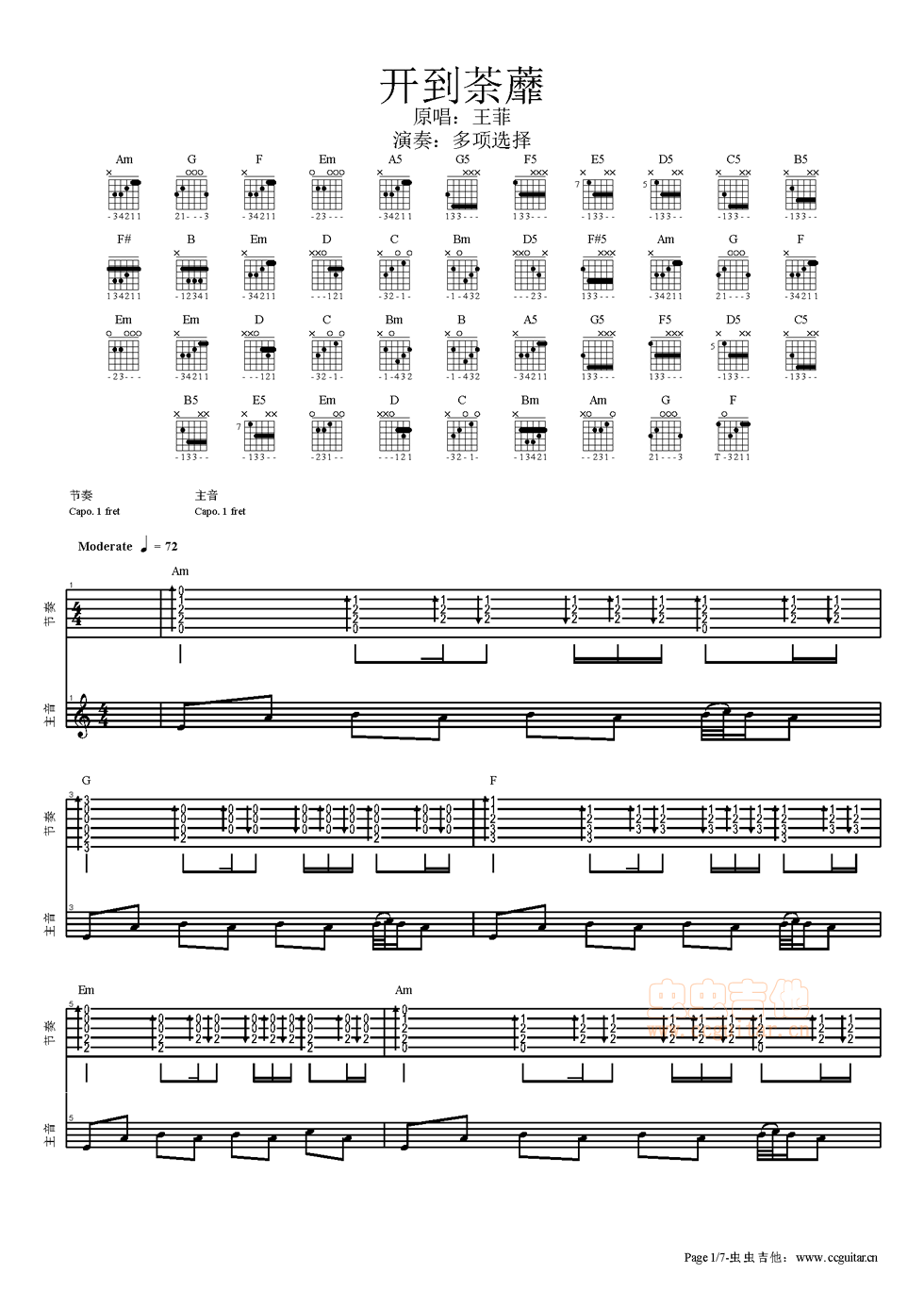 开到荼蘼吉他谱-王菲六线谱原版-多项选择乐队高清简单图片谱