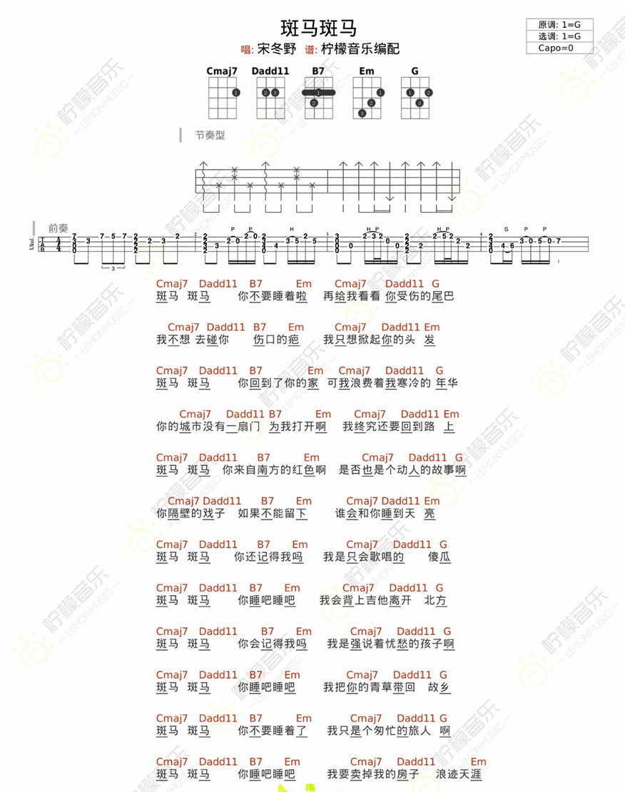 斑马，斑马吉他谱-宋冬野六线谱原版-尤克里里谱简谱歌词