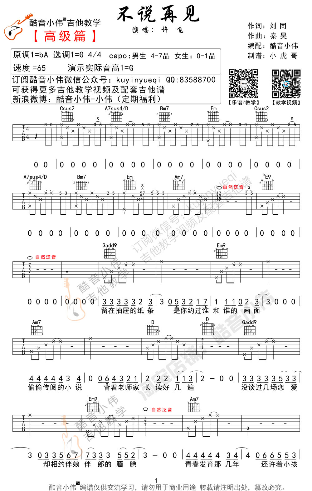 不说再见吉他谱-许飞六线谱原版-吉他谱女生版吉他弹唱教学视频