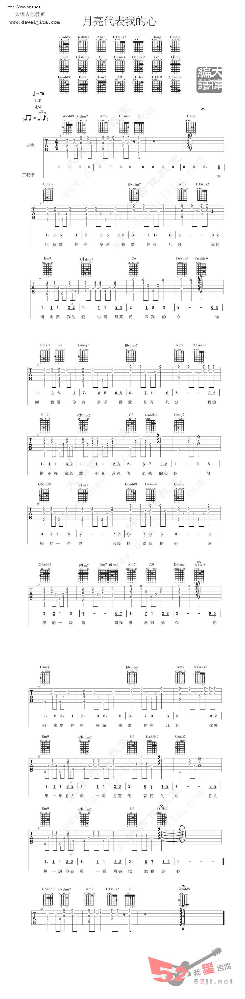 月亮代表我的心吉他谱-邓丽君六线谱原版-爵士版 吉他谱视频