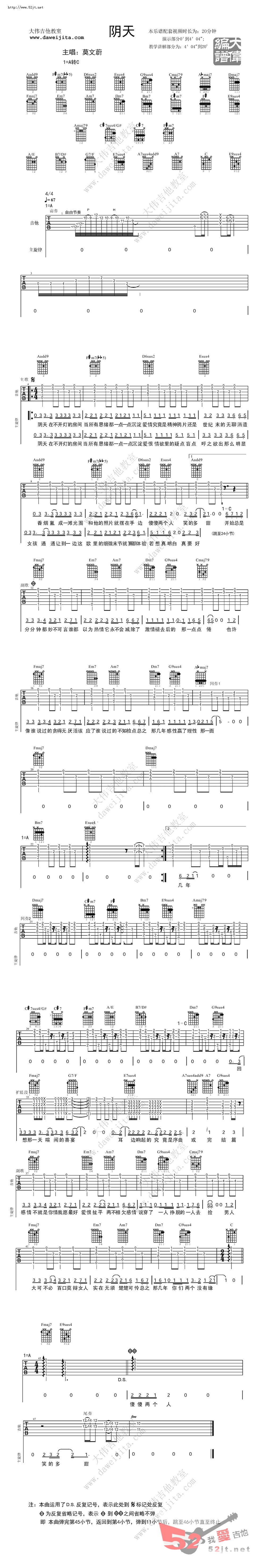 阴天吉他谱-莫文蔚六线谱原版-男生版教学吉他谱视频高清简单图片谱