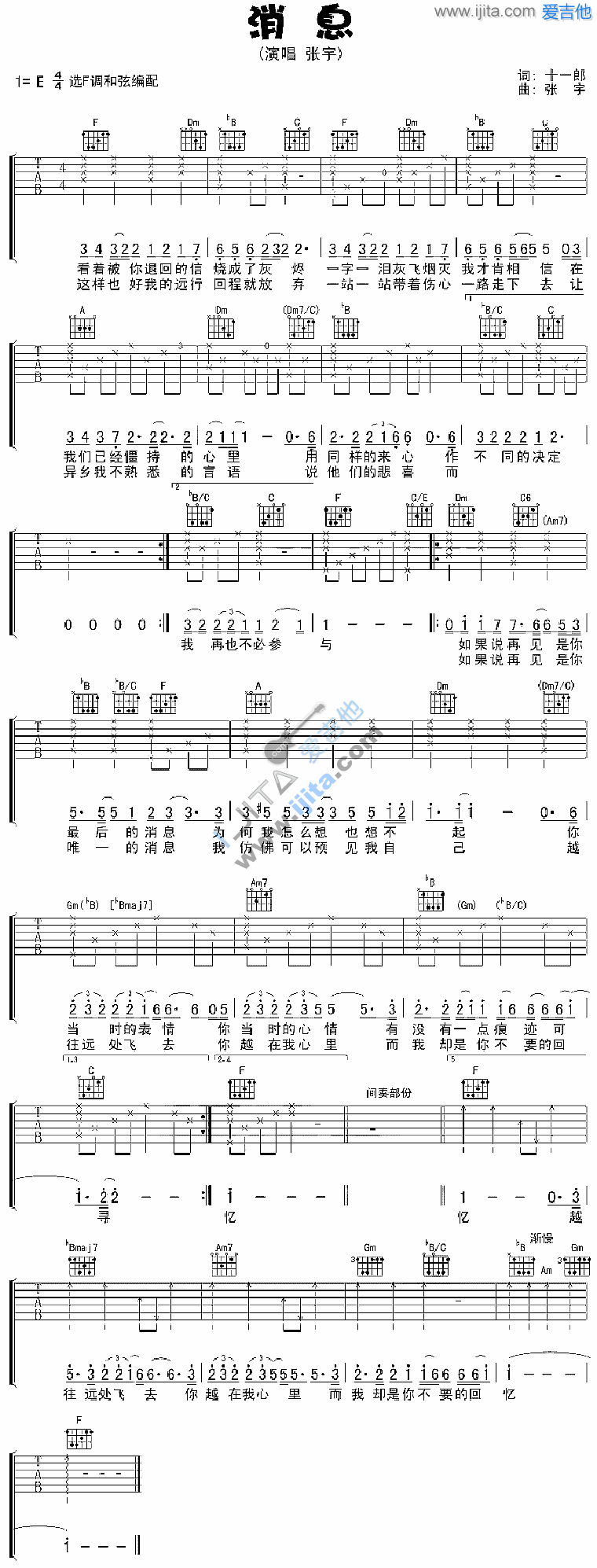 消息吉他谱-张宇六线谱原版-高清简单图片谱