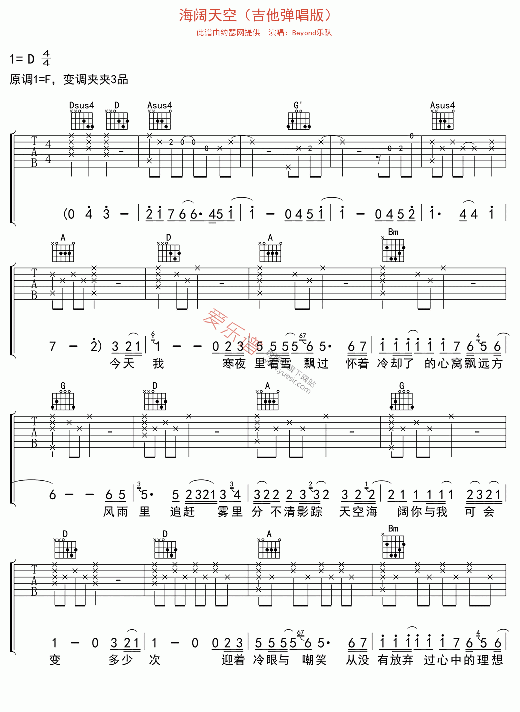 海阔天空吉他谱-Beyond六线谱原版-乐队吉他弹唱版