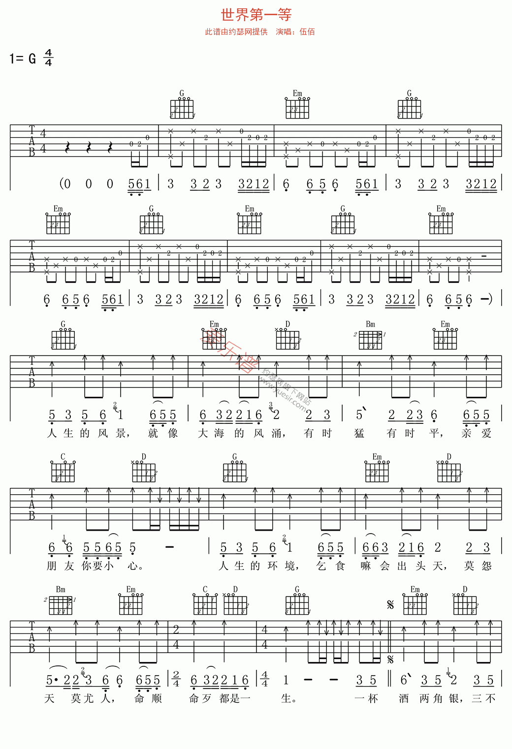 世界第一等吉他谱-伍佰六线谱原版-高清简单图片谱
