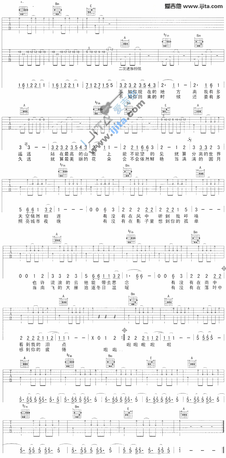远吉他谱-李健六线谱原版-高清简单图片谱