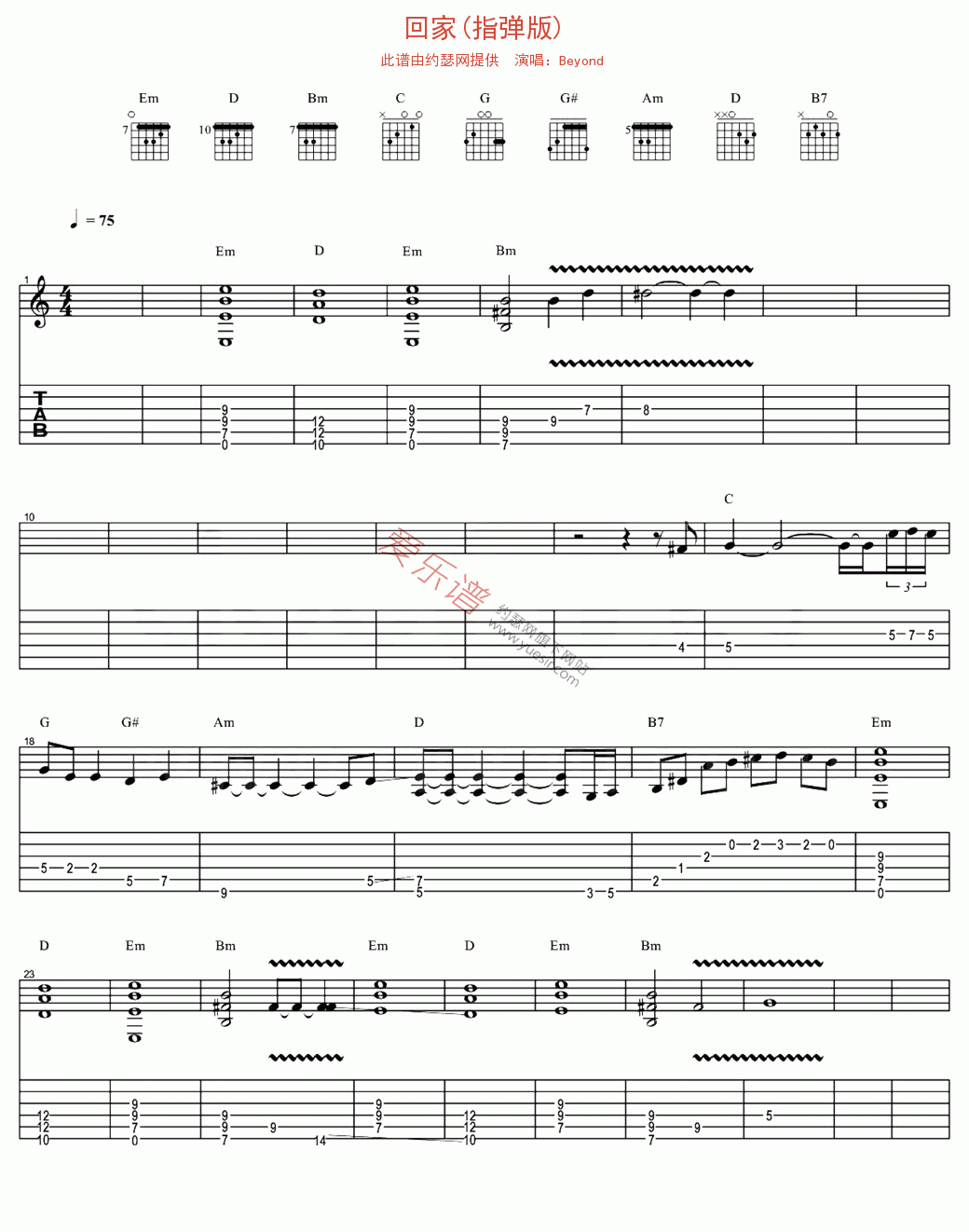 回家吉他谱-Beyond六线谱原版-指弹版高清简单图片谱