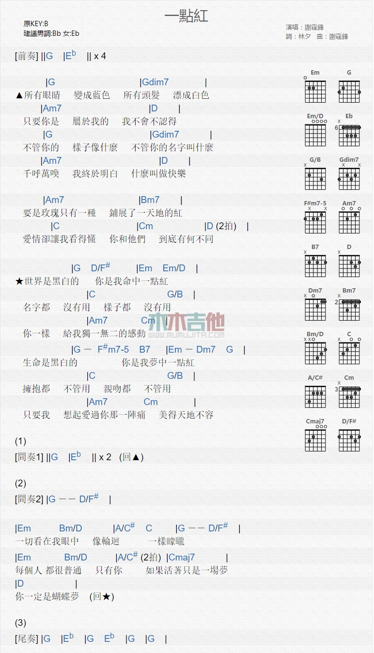 一点红吉他谱-谢霆锋六线谱原版-高清简单图片谱