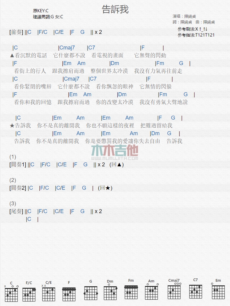 告诉我吉他谱-陈绮贞六线谱原版-高清简单图片谱
