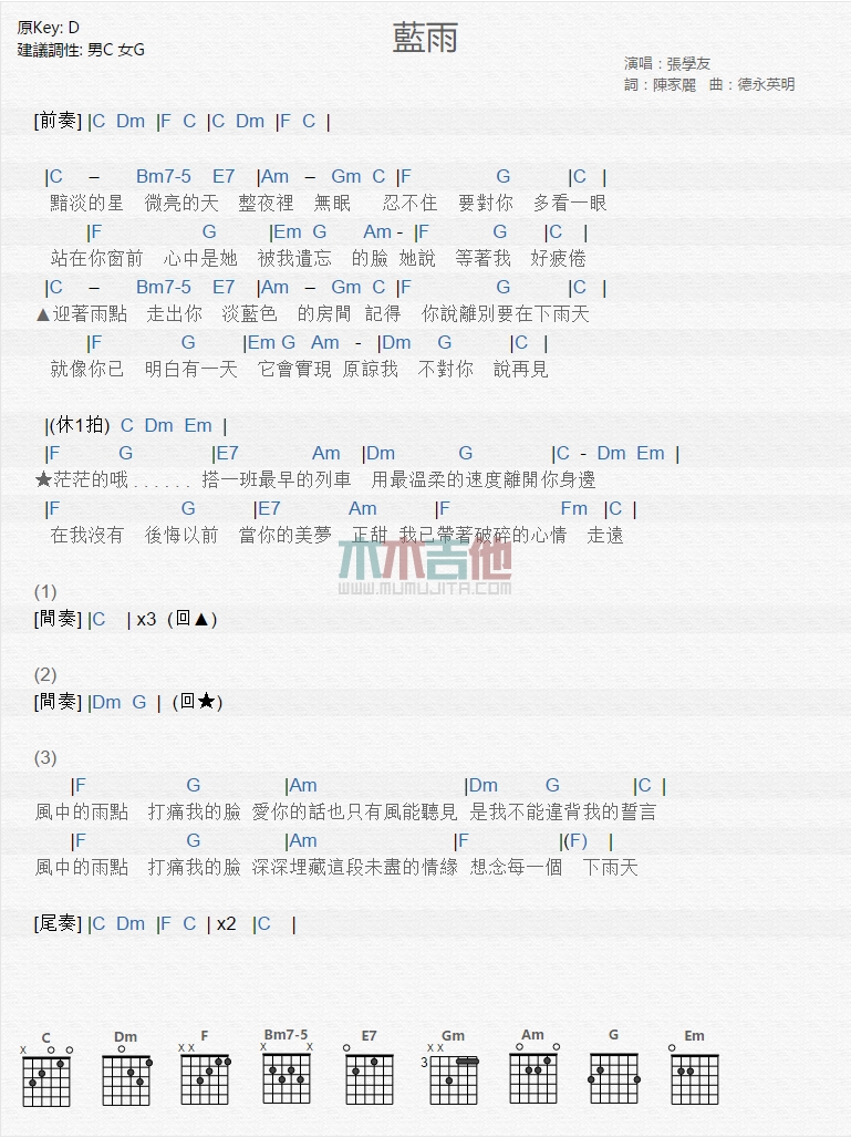 蓝雨吉他谱-张学友六线谱原版-高清简单图片谱