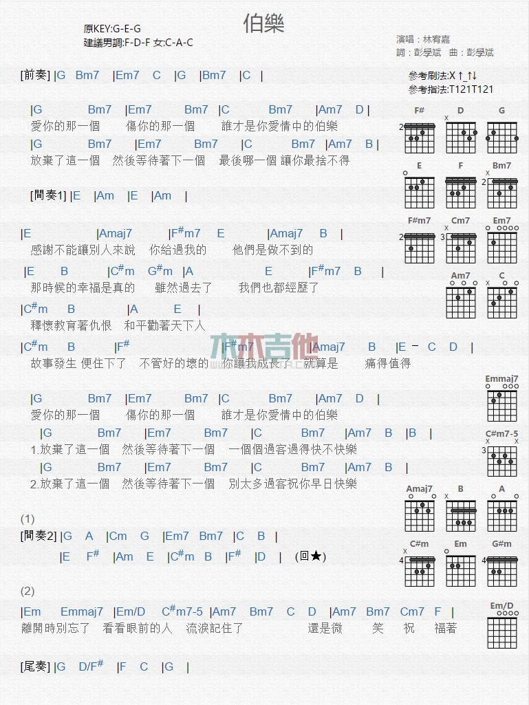 伯乐吉他谱-林宥嘉六线谱原版-高清简单图片谱