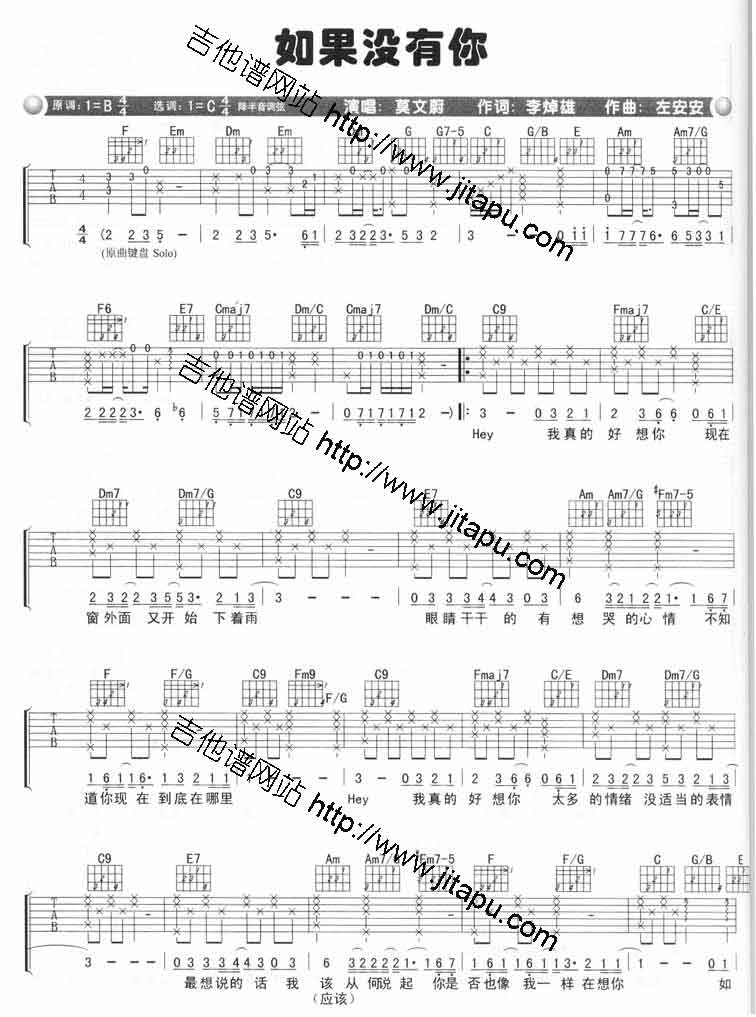 如果没有你吉他谱-莫文蔚六线谱原版-1高清简单图片谱