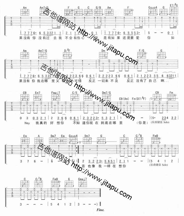 如果没有你吉他谱-莫文蔚六线谱原版-2高清简单图片谱