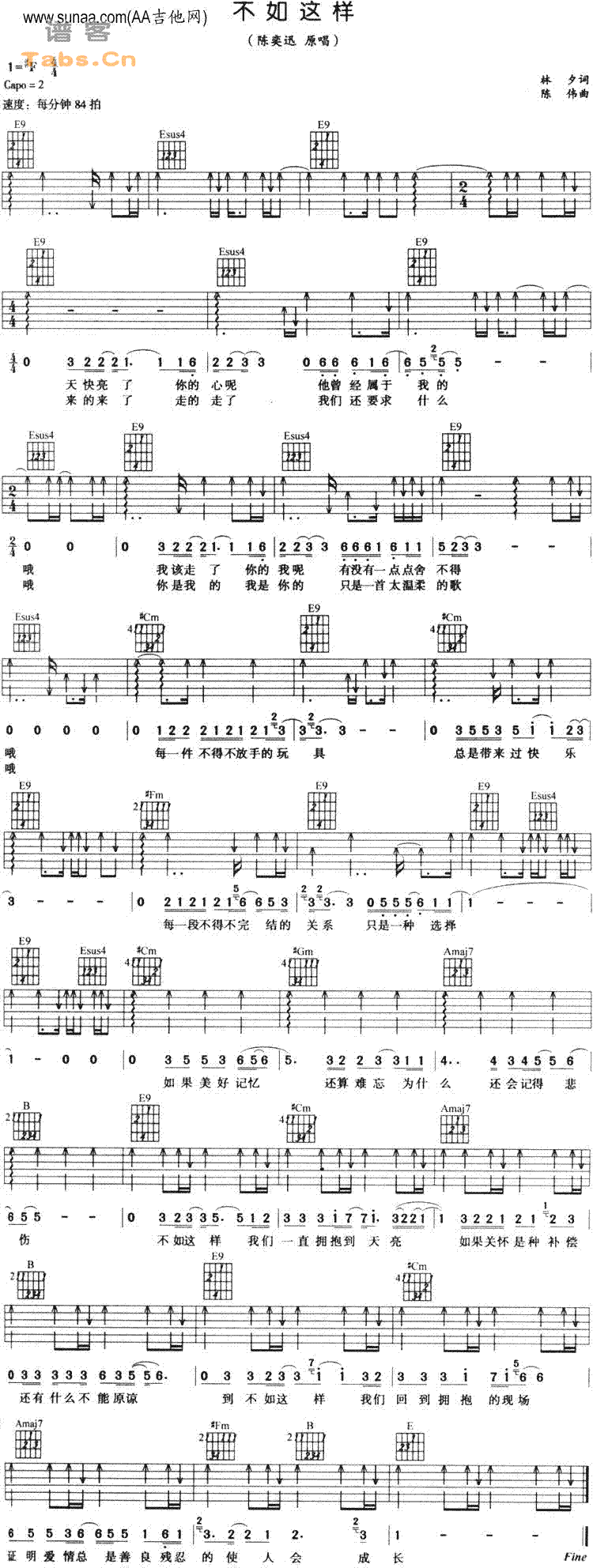 不如这样吉他谱-陈奕迅六线谱原版-原谱高清简单图片谱